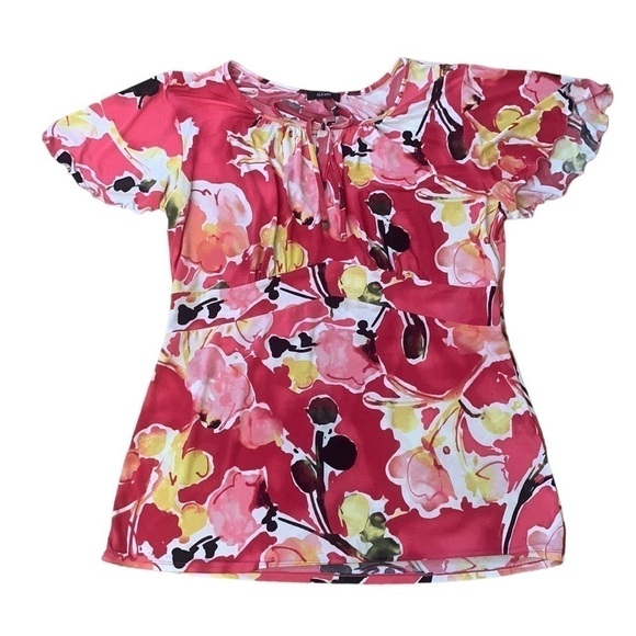 Alfani Floral Red‎ Pink Keyhole Tie Short Ruffle Sleeve Stretchy Top Size XL - Picture 5 of 7